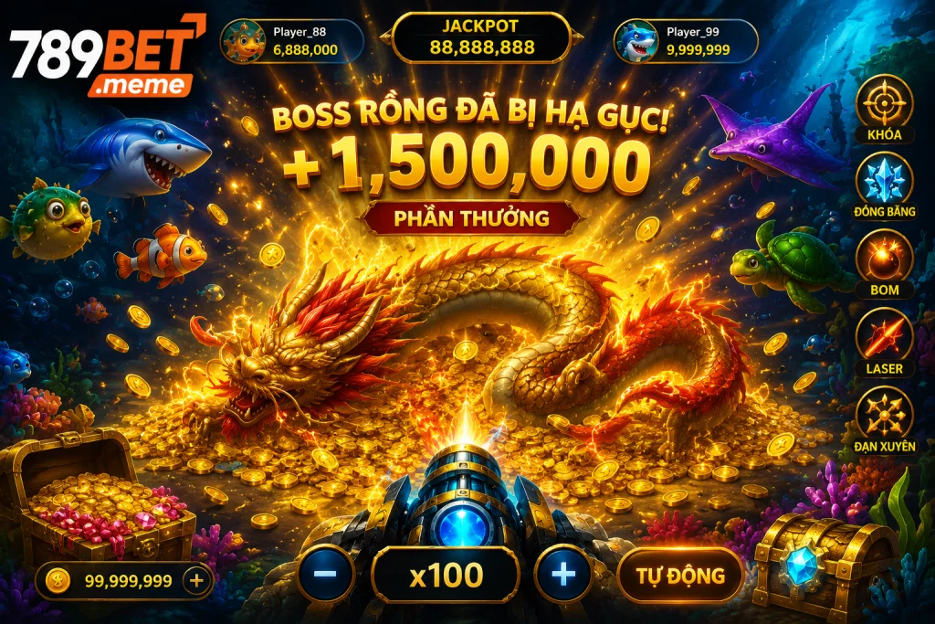 Boss Rồng bị hạ gục với hiệu ứng vàng và phần thưởng xuất hiện trên màn hình.