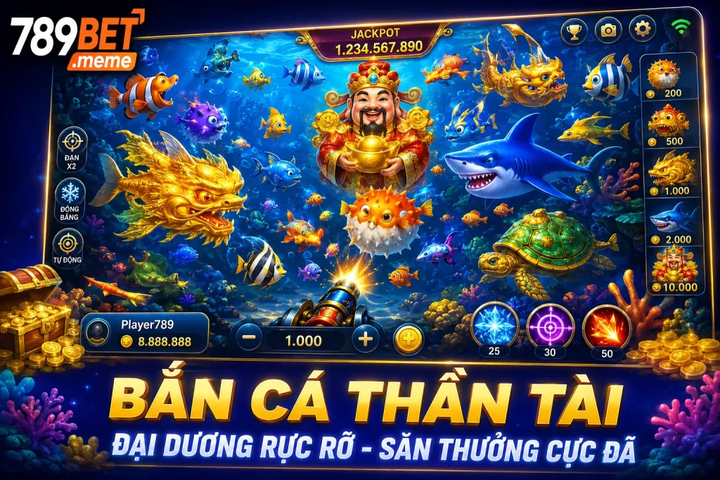 Giao diện Bắn Cá Thần Tài với đại dương rực rỡ và nhiều loài cá xuất hiện cùng lúc.