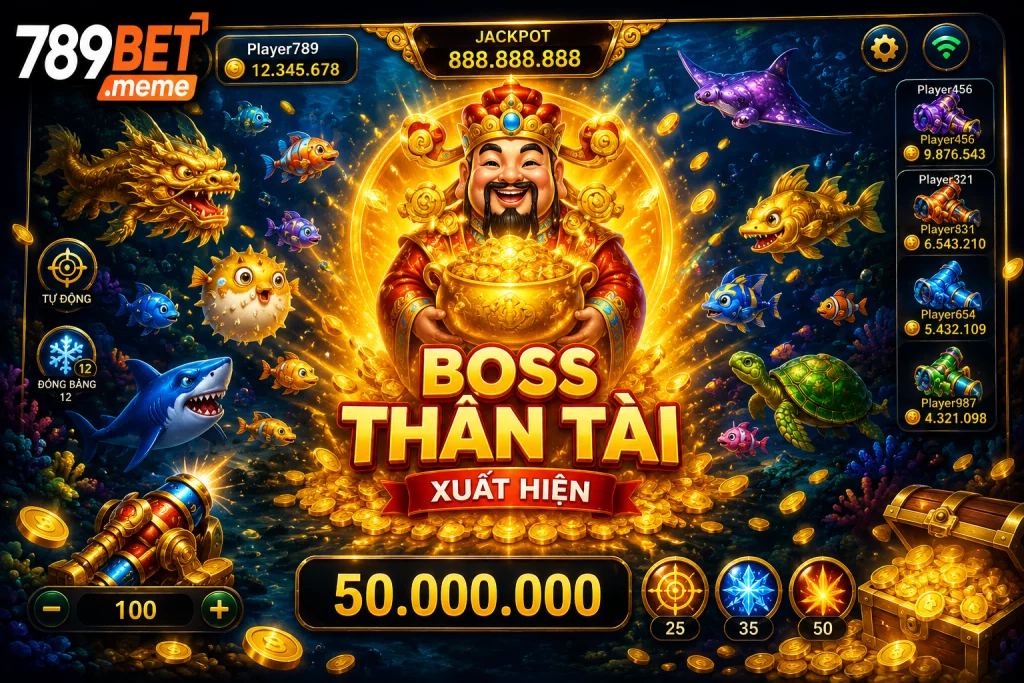 Boss Thần Tài xuất hiện trên màn hình cùng hiệu ứng vàng nổi bật.