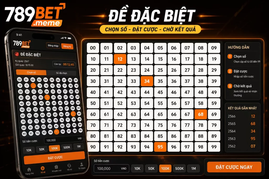 Giao diện chọn cược đề đặc biệt với bảng số từ 00 đến 99 và logo 789BET.
